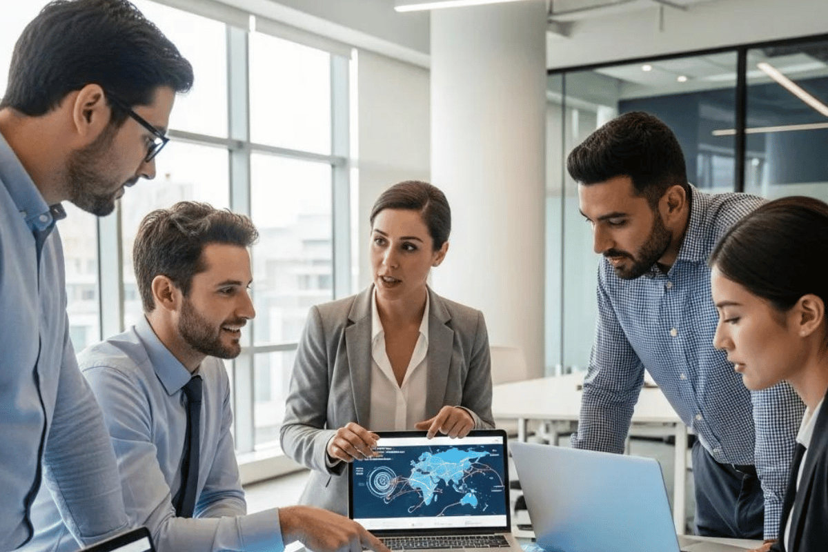 Group of professionals discussing supply chain intelligence strategies, analyzing data on a laptop featuring a world map with connections, in a modern office setting.