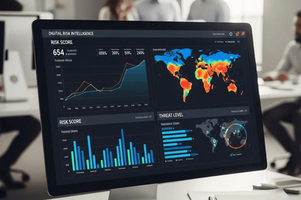 Digital risk intelligence dashboard displaying risk scores, global threat levels, and data analytics for supplier evaluation and third-party risk management.