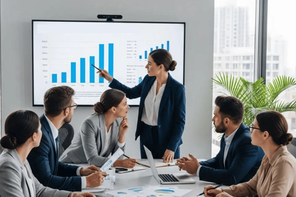 Business meeting with a diverse group of professionals discussing workforce restructuring strategies, analyzing a bar chart on a screen, emphasizing legal risks and insider threat management.