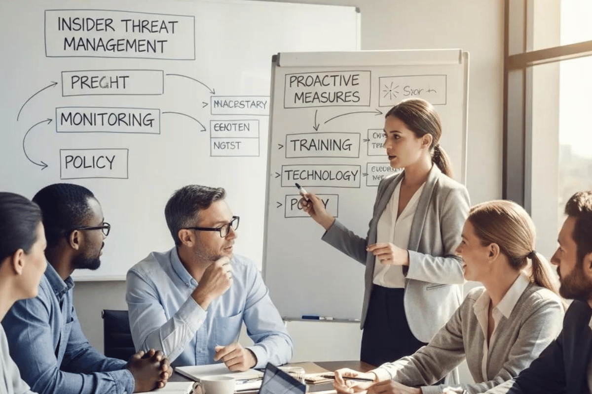 Group meeting discussing insider threat management strategies, with a focus on proactive measures like training and technology, in a corporate setting.