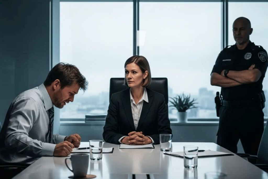 Corporate meeting with HR, employee, and security personnel present for high-risk termination