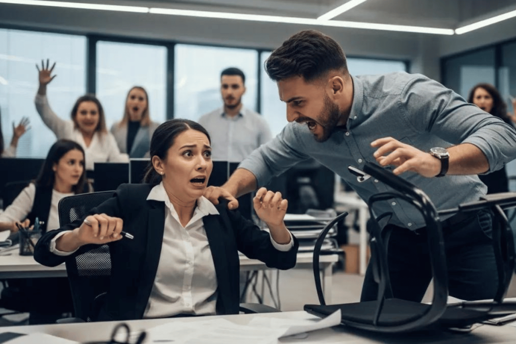 Office employees reacting as a coworker becomes physically aggressive during a workplace violence incident in a modern open-plan St. Louis office.