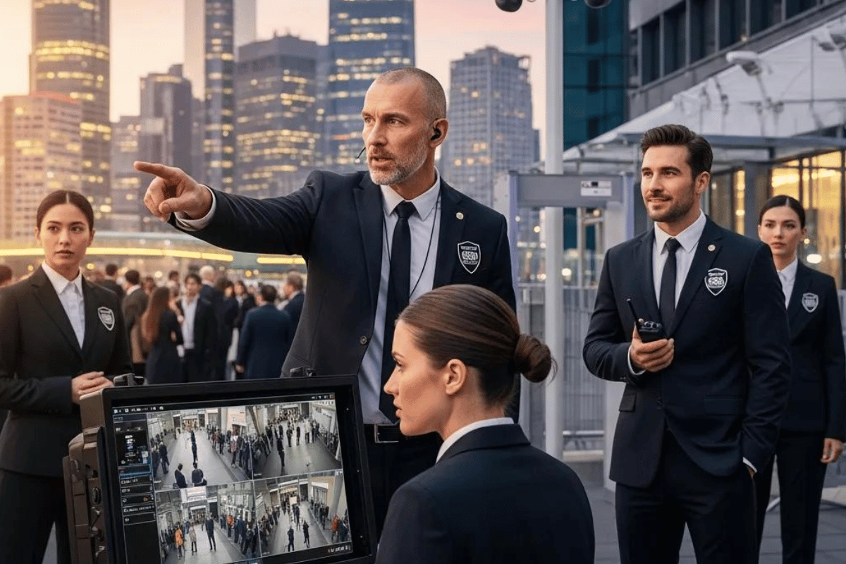 Professional security team monitoring an event in St. Louis showcasing advanced executive protection measures