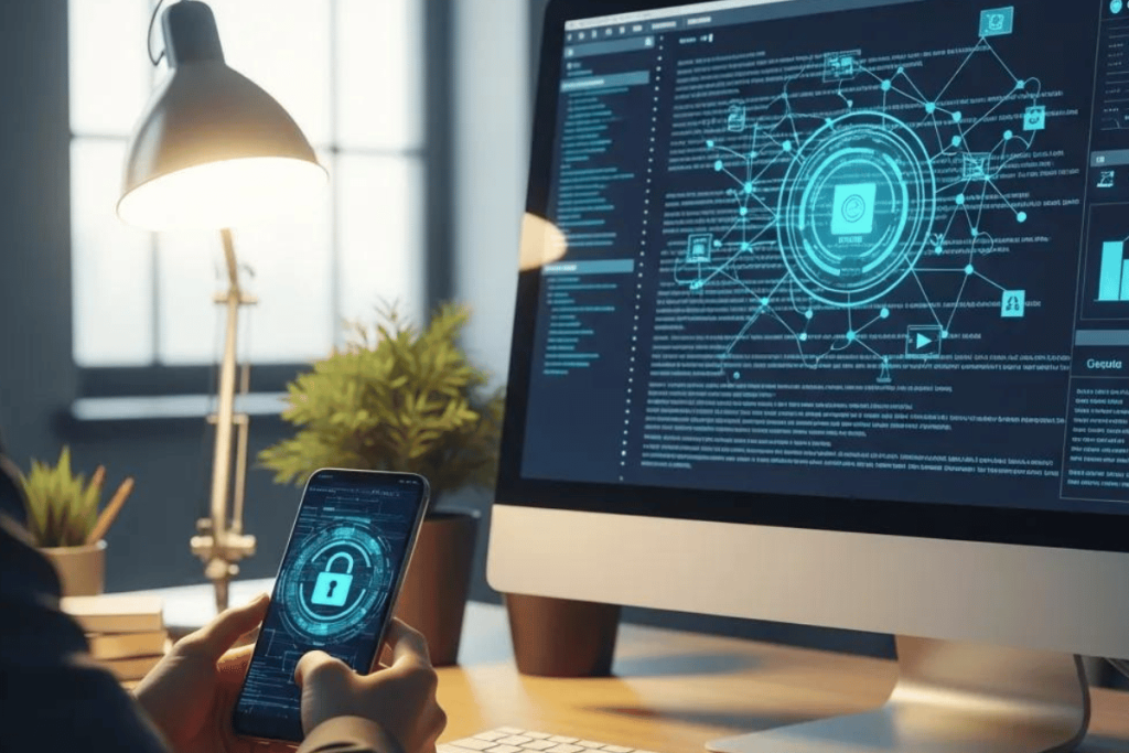 Digital forensics analysis on desktop computer with cybersecurity interface and mobile device
