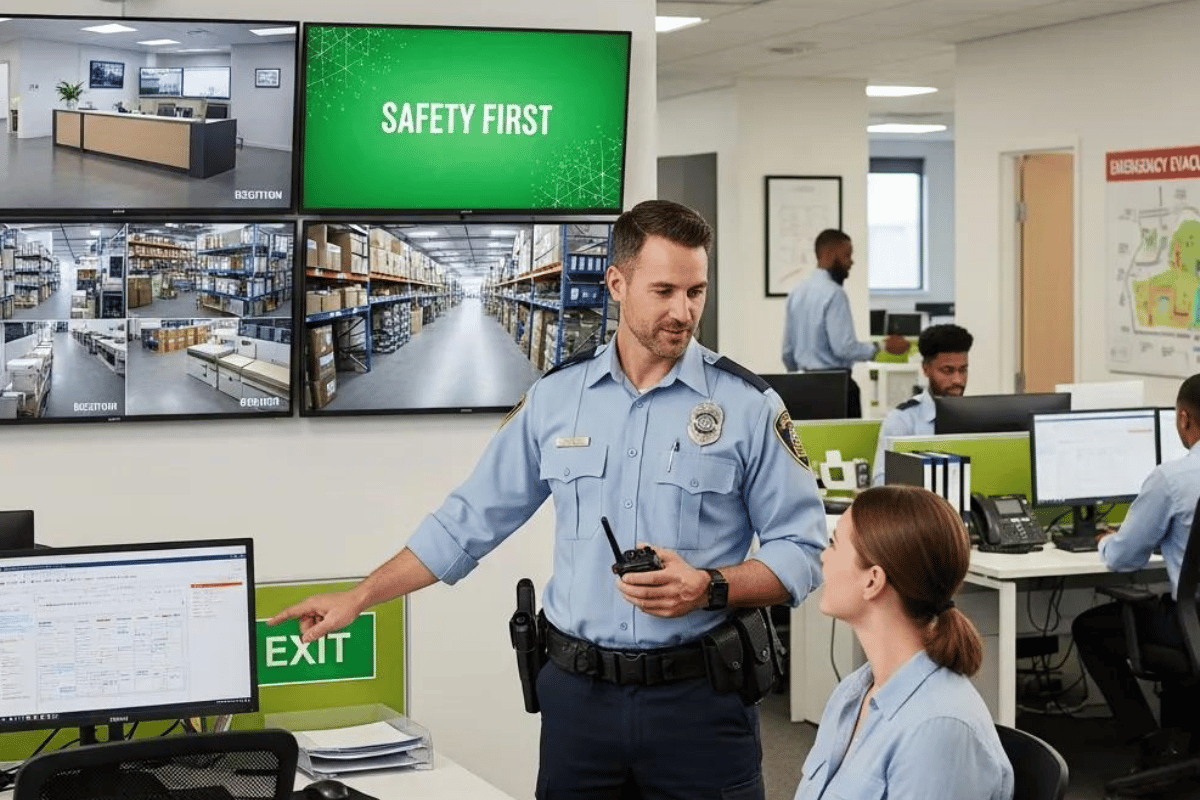 Uniformed security officer monitoring multiple workplace surveillance screens and coordinating safety procedures in a corporate security command center.