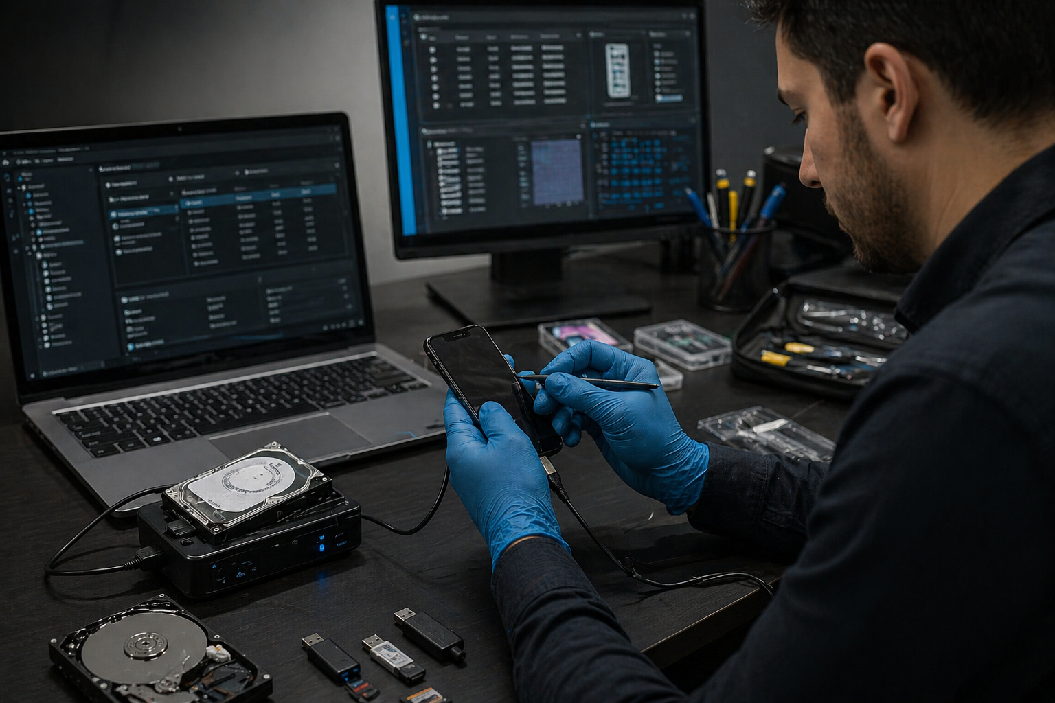 Computer forensics expert analyzing smartphone and hard drives for data recovery and investigation