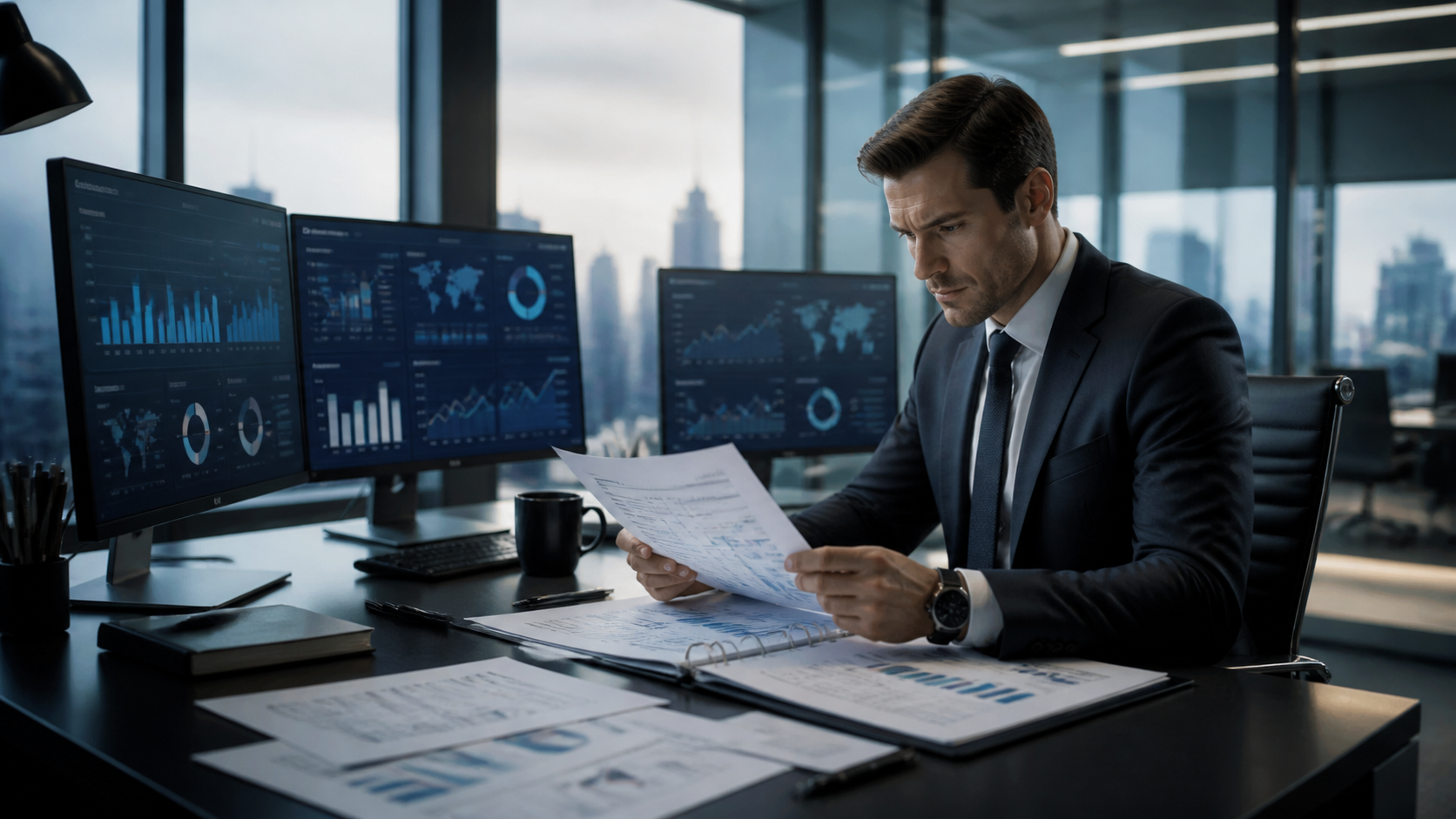 Professional corporate investigator analyzing financial data on multiple screens