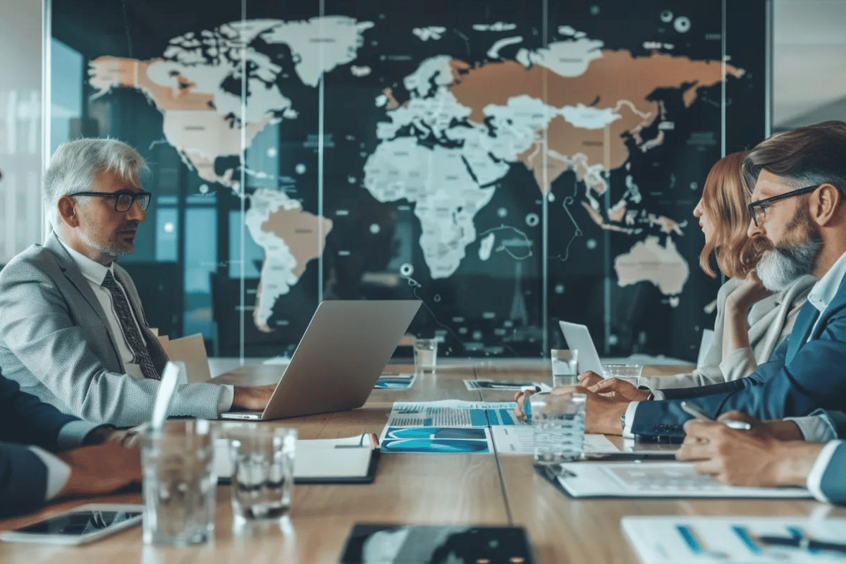 Business professionals collaborating on international background check services in a modern office