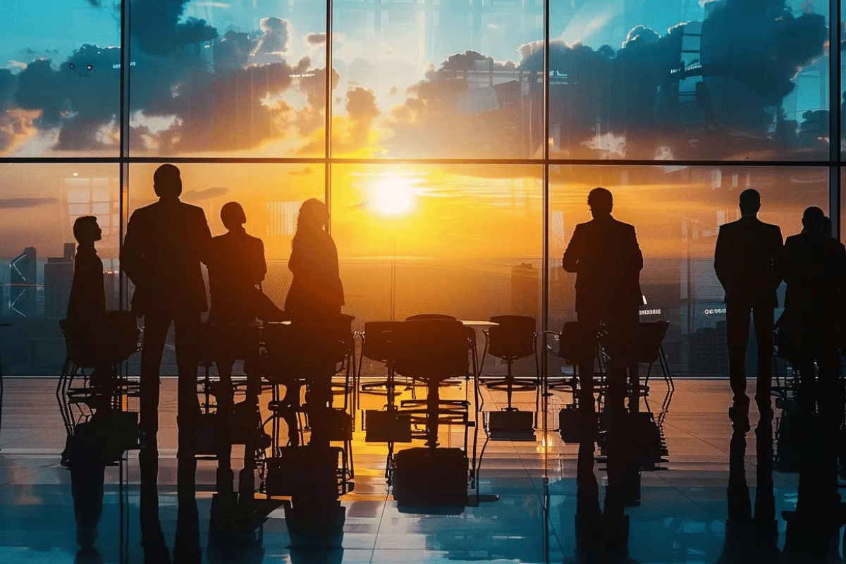 Silhouettes of business leaders at an airport terminal overlooking a sunset, symbolizing cross-border deals and international due diligence in 2026