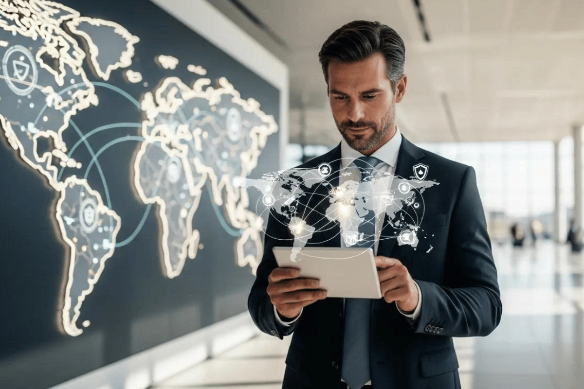 Business executive reviewing travel security measures at the airport