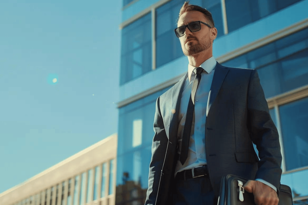 Licensed private investigator in a suit standing outside a modern St. Louis office building