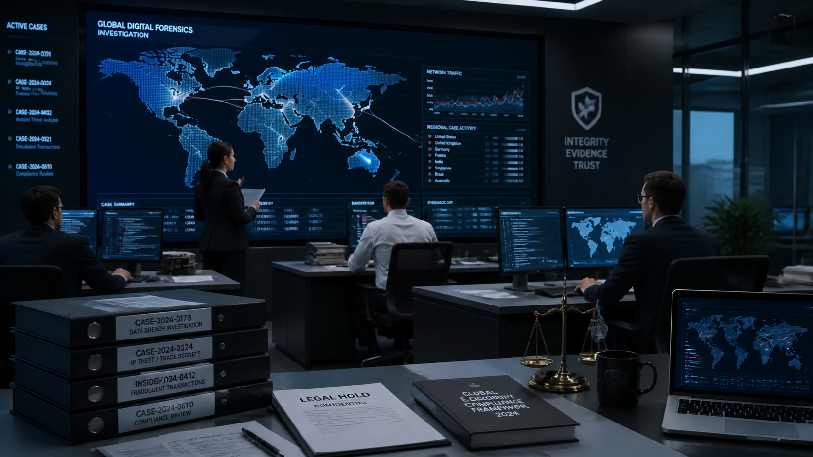 Global digital forensics team in a modern operations center reviewing cross-border digital evidence