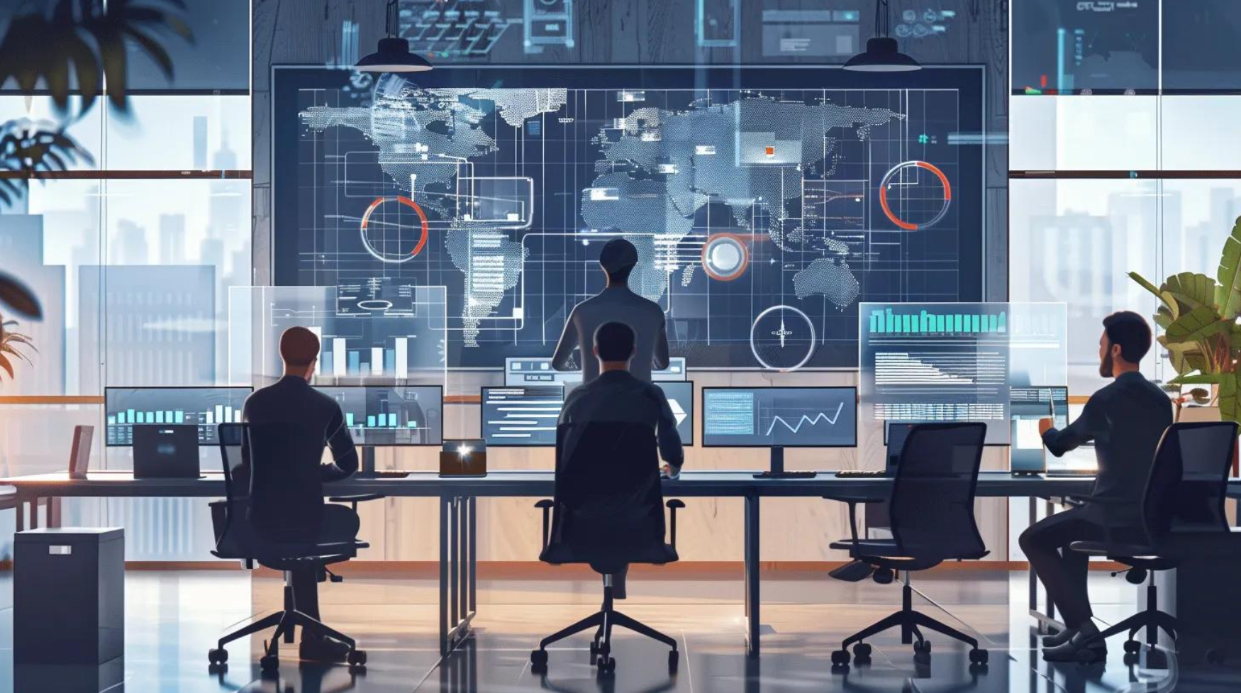 Global investigations team analyzing data in a modern office, representing private intelligence services
