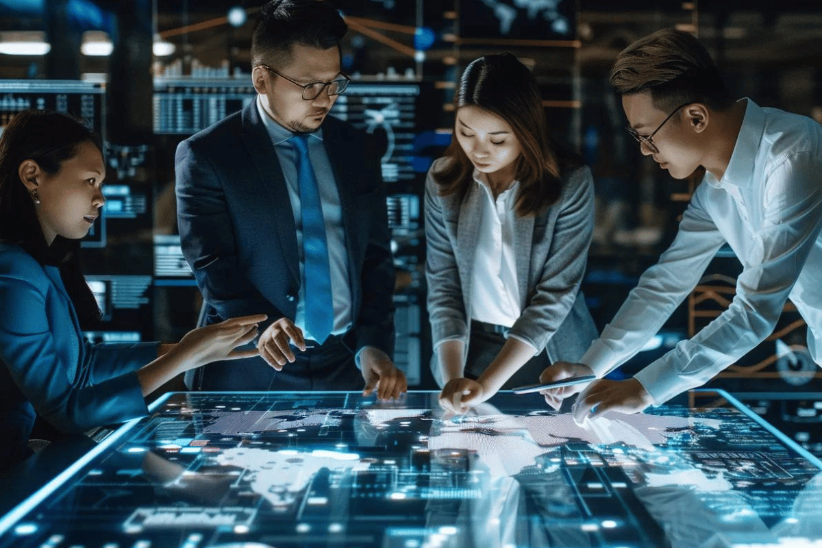 diverse team of corporate investigators and intelligence analysts in business attire stand around a transparent digital table displaying data visualizations, risk alerts, and geopolitics icons
