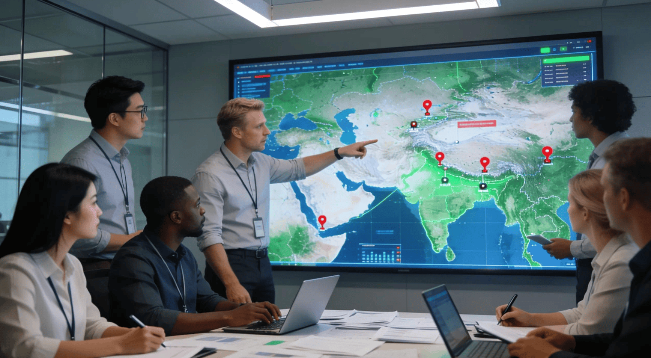 Team of international investigators analyzing a digital map for cross-border due diligence and compliance