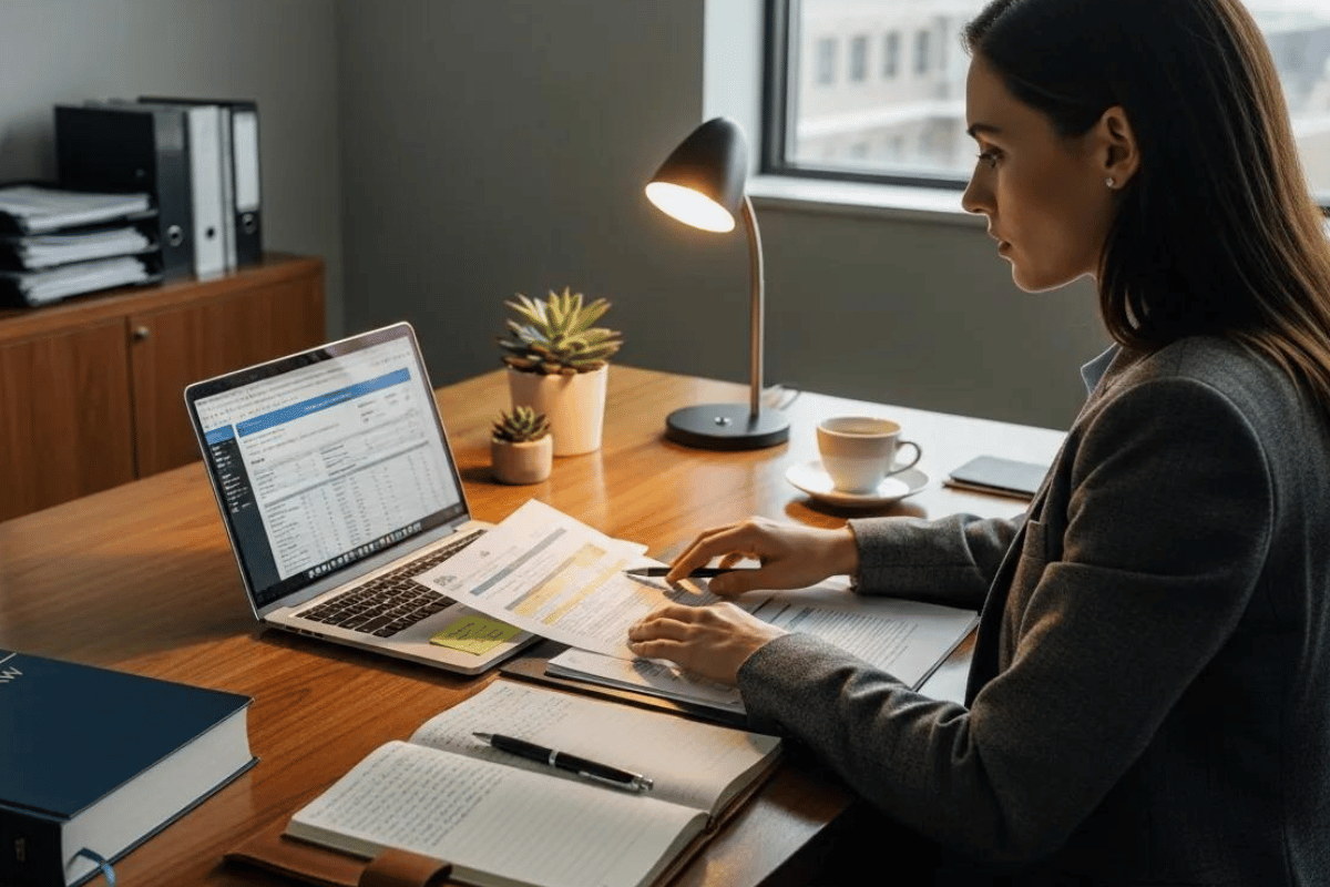Corporate investigator reviewing documents for due diligence in an office setting