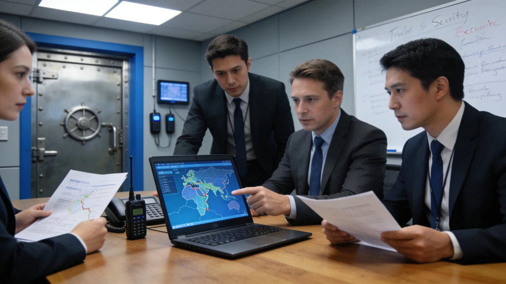 Professionals discussing protective strategies for executive travel in a secure briefing room