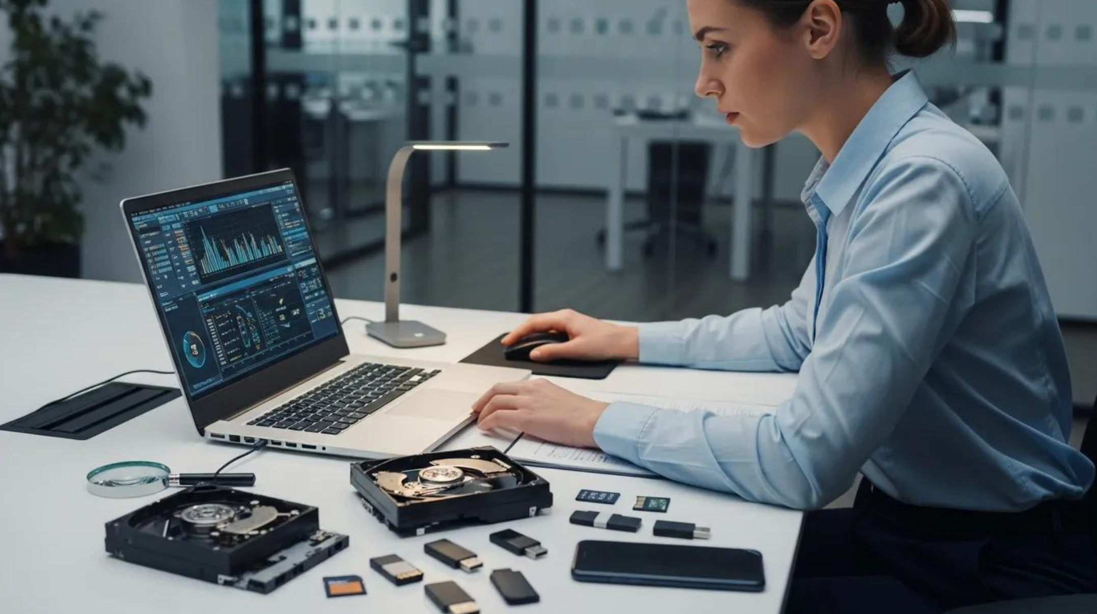 Digital forensics investigator analyzing computer data in a corporate environment