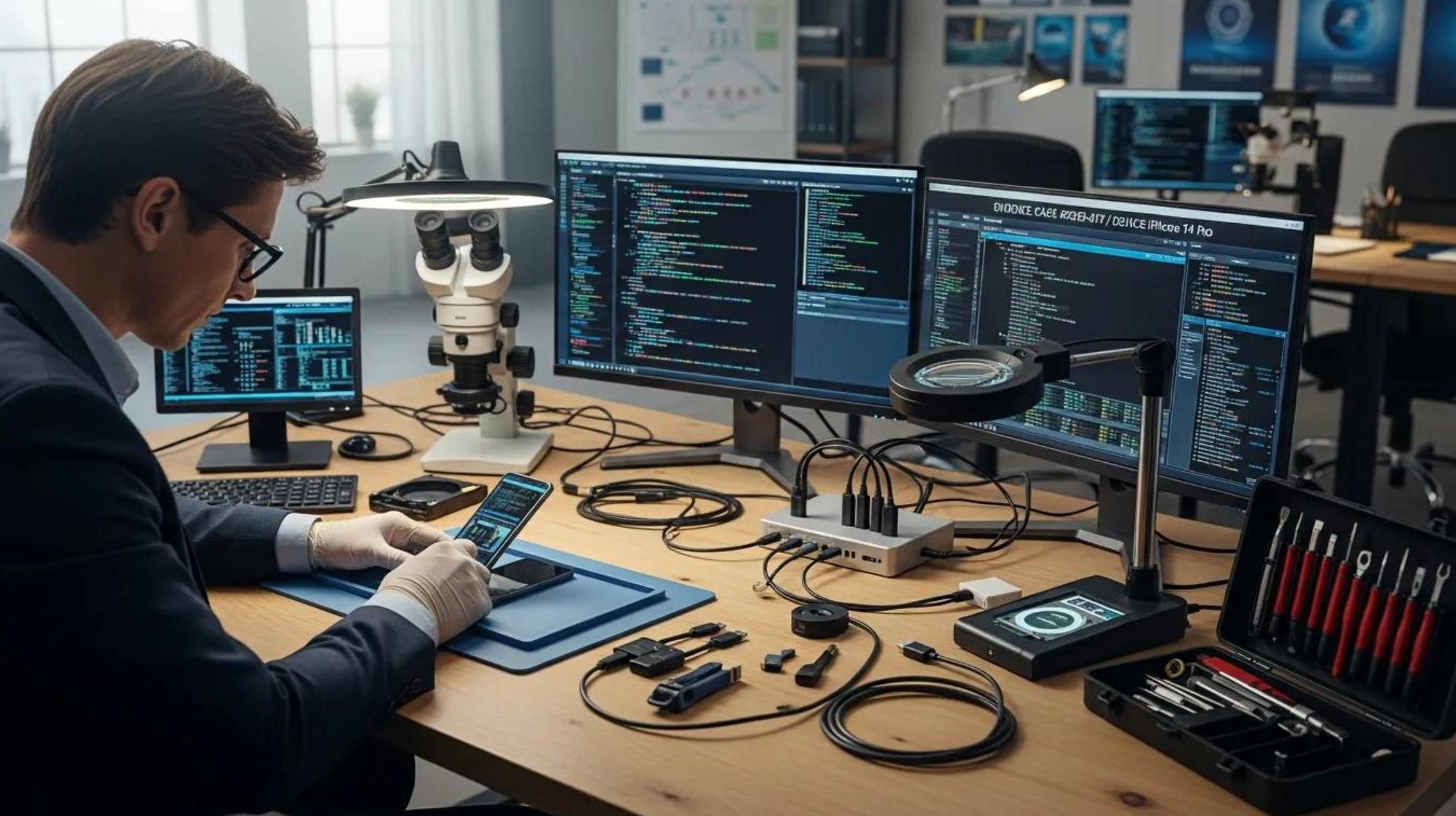 Expert conducting cell phone forensics in a professional setting