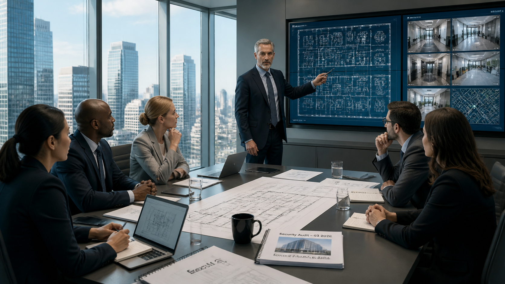 Corporate security team in a high-rise office reviewing Q3 2026 executive protection and workplace violence prevention plans in Clayton, Missouri.
