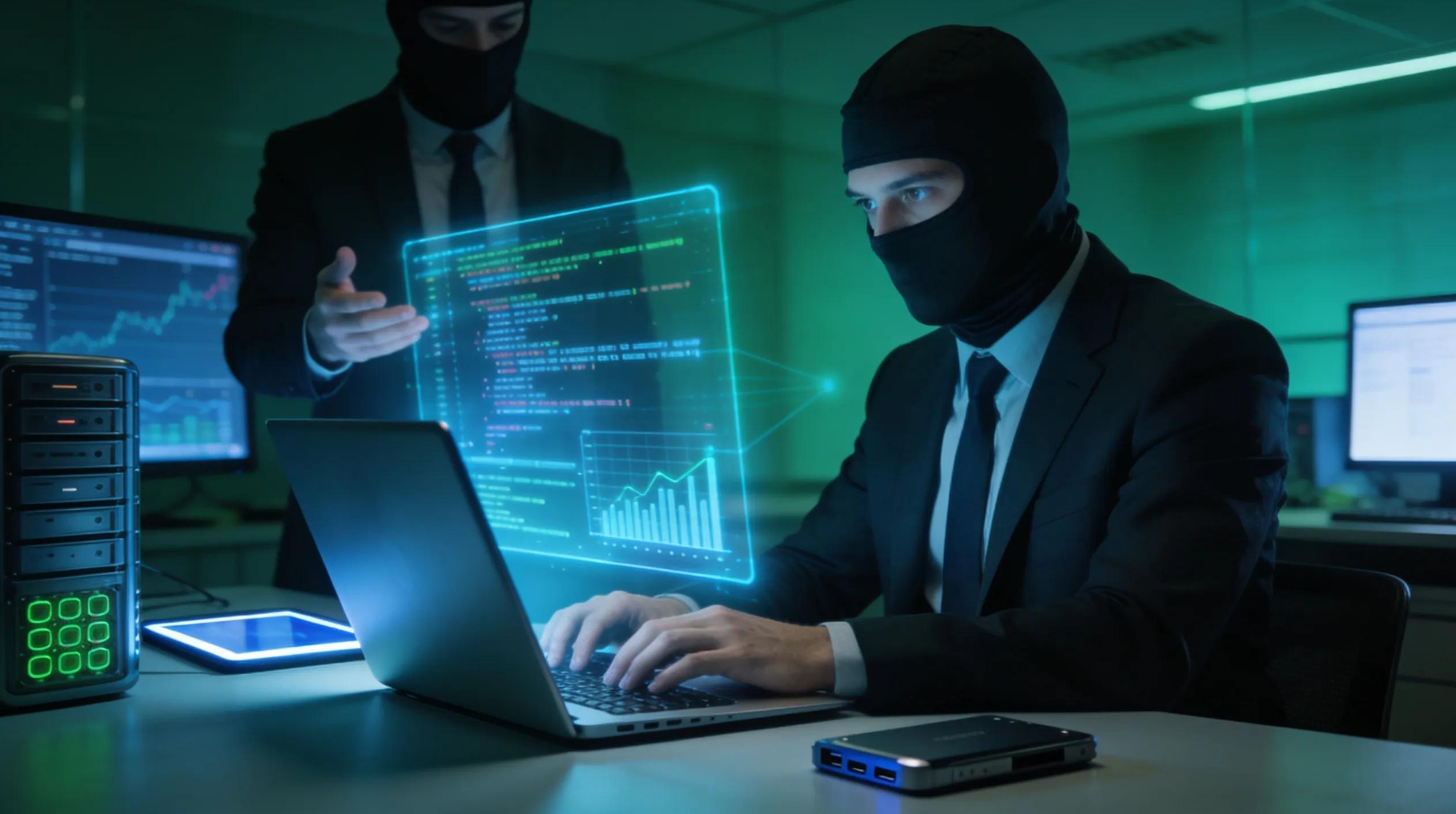 Corporate espionage represented through AI technology in a high-tech office setting