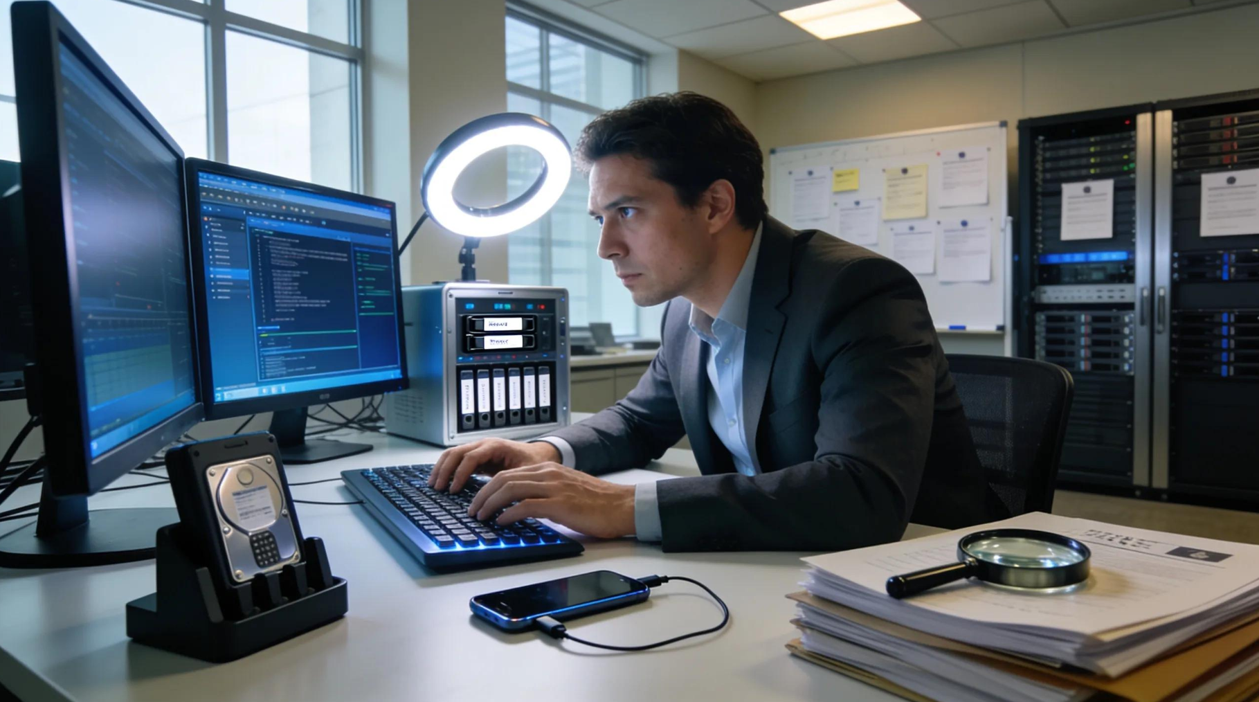 Digital forensics technician analyzing evidence with computer and smartphone in a modern office