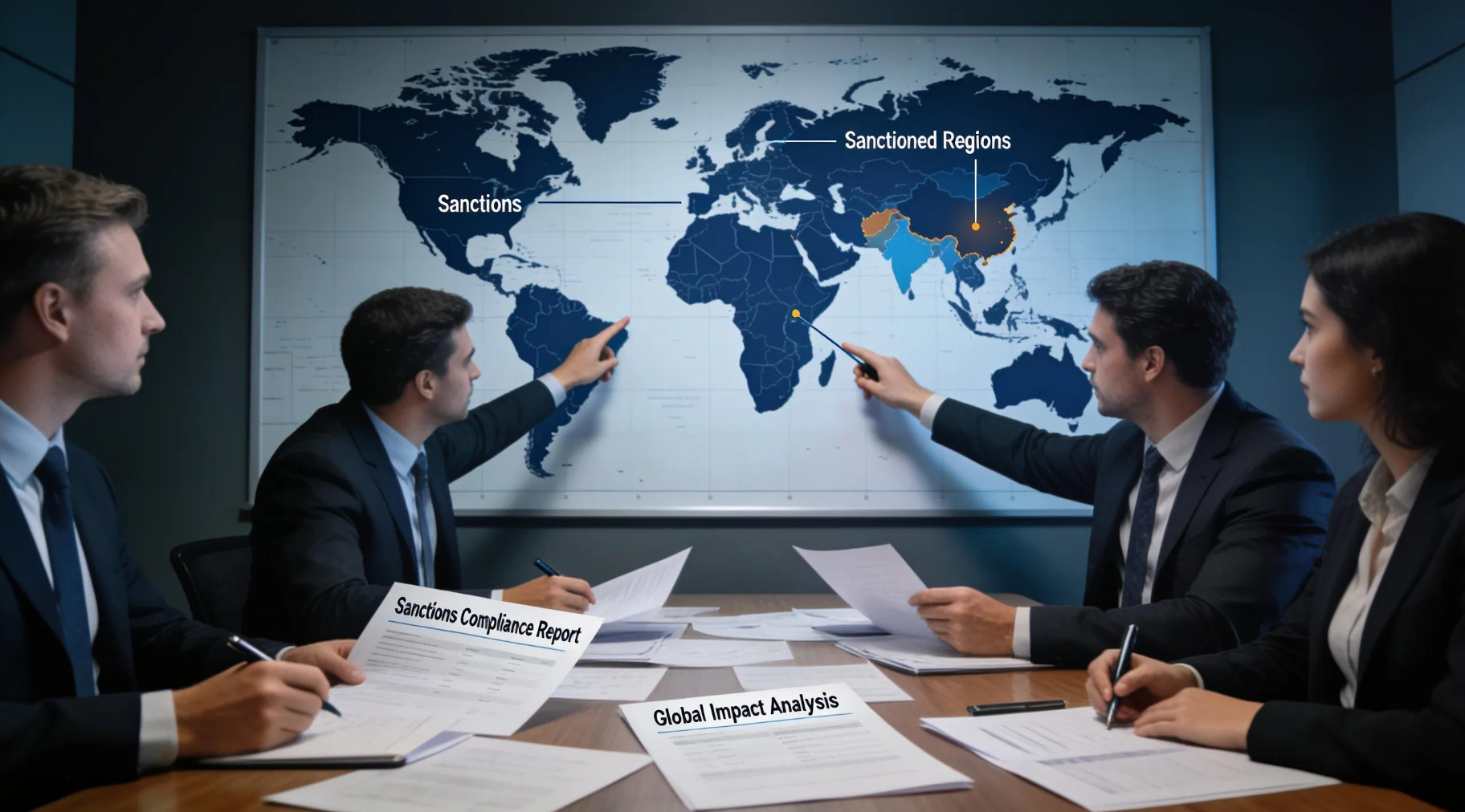 global security Professionals discussing international sanctions compliance in a corporate office setting