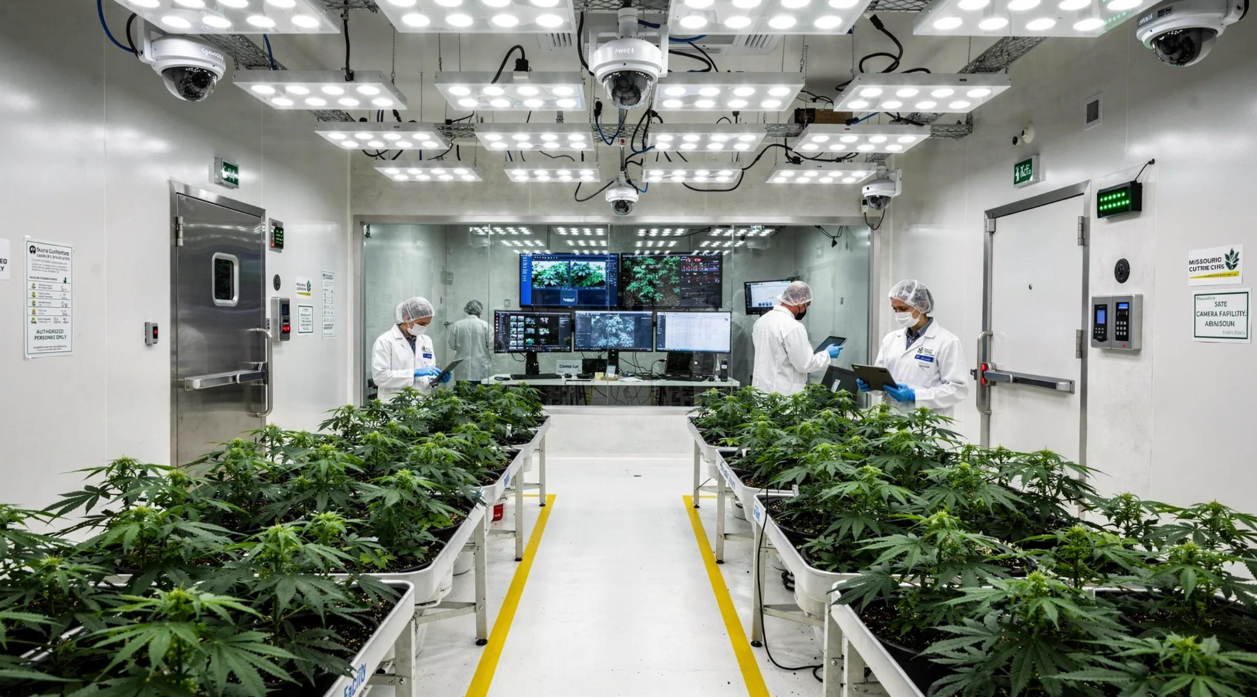 A modern cannabis grow facility showcasing advanced security systems and compliance features