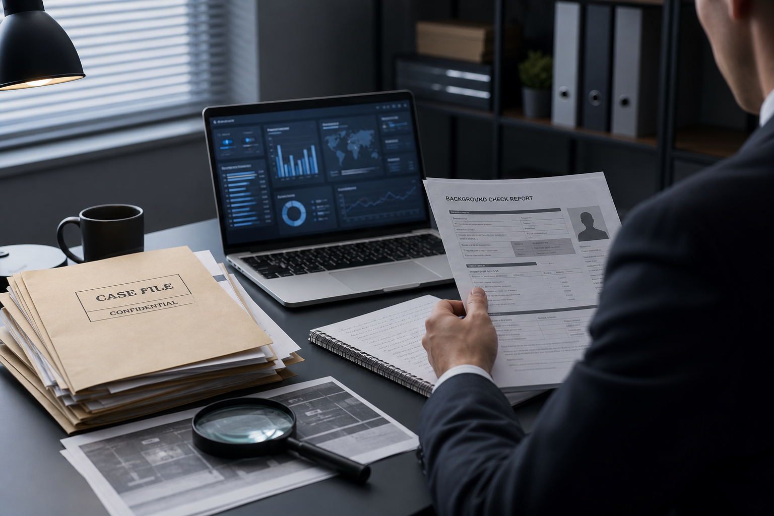 Private investigator reviewing organized case files and background-check documents at a desk, with a magnifying glass and a laptop displaying research data in a discreet corporate office.