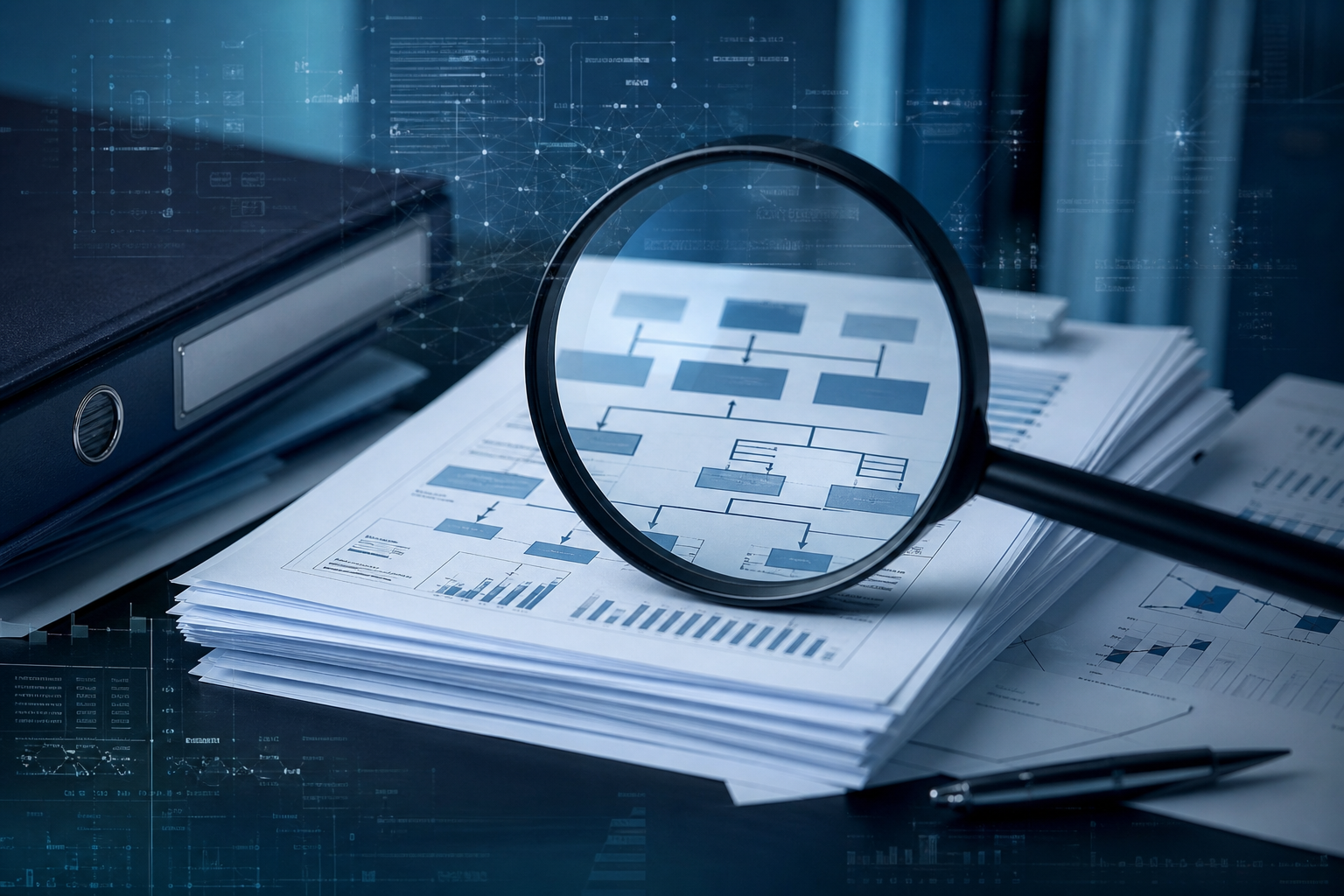 Magnifying glass over corporate documents and shell-company organizational charts, with subtle digital data overlays in a moody blue-toned forensic-investigation setting.