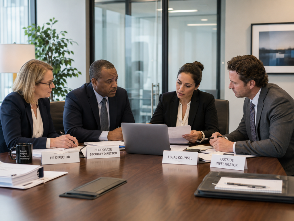Team of HR director, corporate security director, legal counsel, and an outside investigator seated together at a conference table reviewing case files