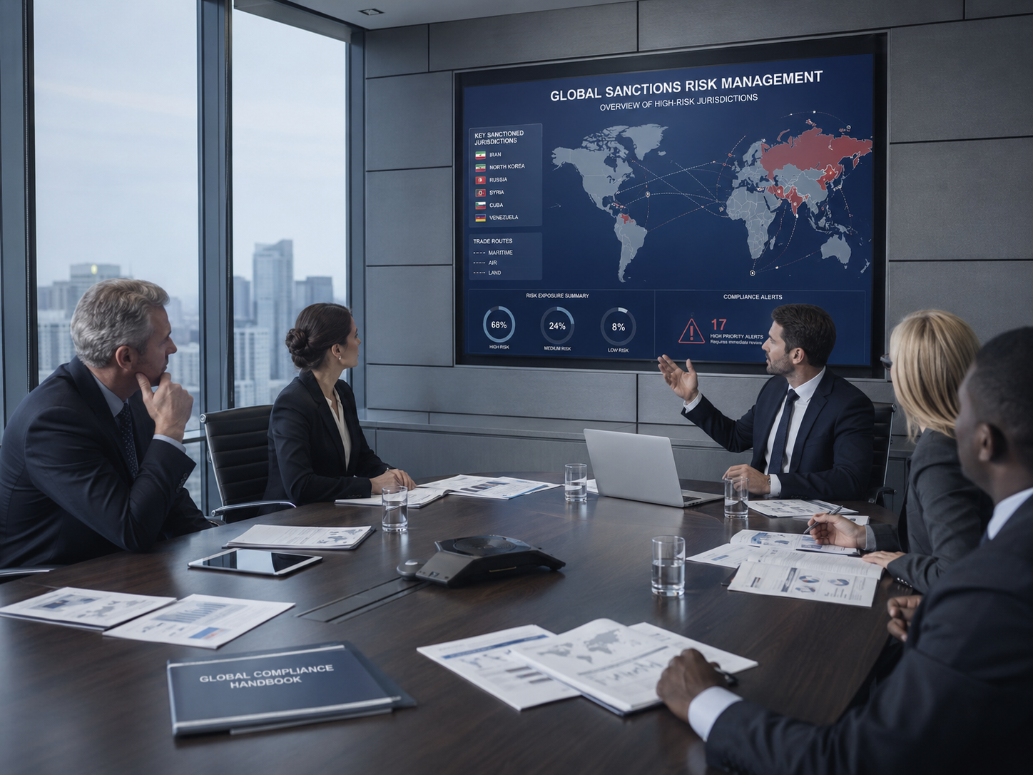 A modern corporate boardroom with executives reviewing world maps and compliance documents