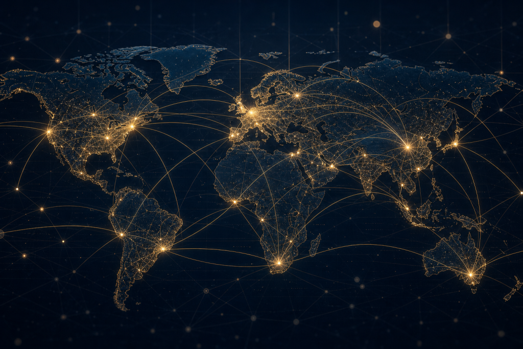 Dark navy world map with glowing gold lines and nodes connecting global financial hubs, representing cross-border capital flows and asset-tracing networks.
