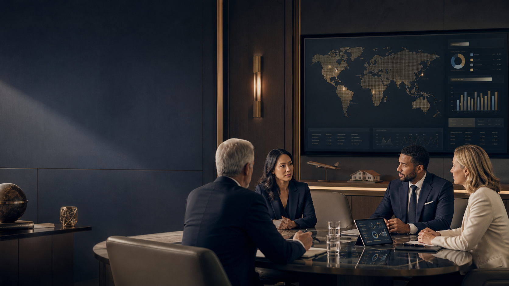 Family office advisors reviewing a global risk management strategy to protect high-net-worth family assets, privacy, and security