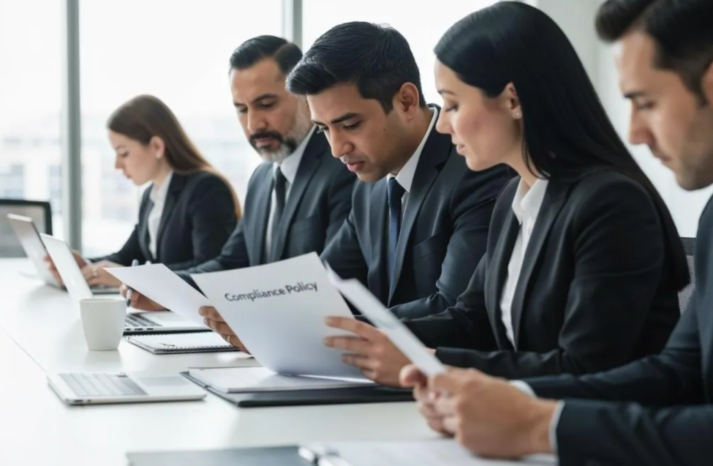Board search committee reviewing executive candidate credentials in a conference room