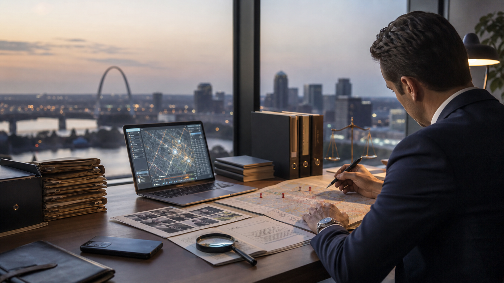 ad8968a0-cd17-4a7b-9ec9-c25b93d840ae Legal investigator reviewing case files, public records, and location data for witness location and skip tracing in St. Louis