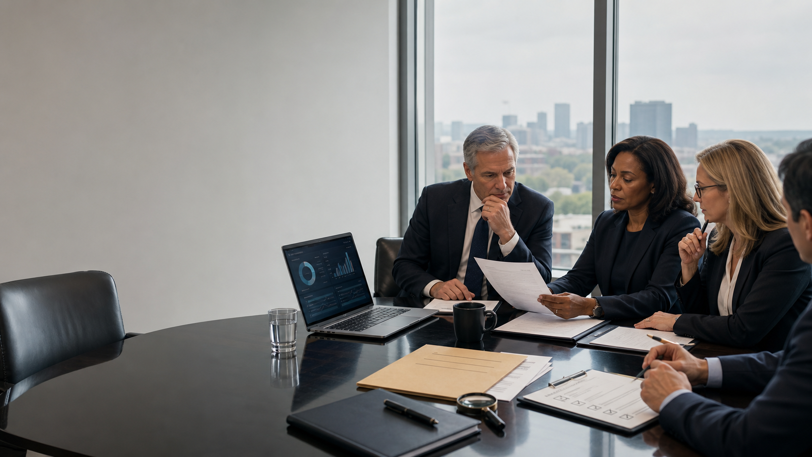 Board search committee conducting executive due diligence and C-suite hiring risk assessment in a corporate boardroom