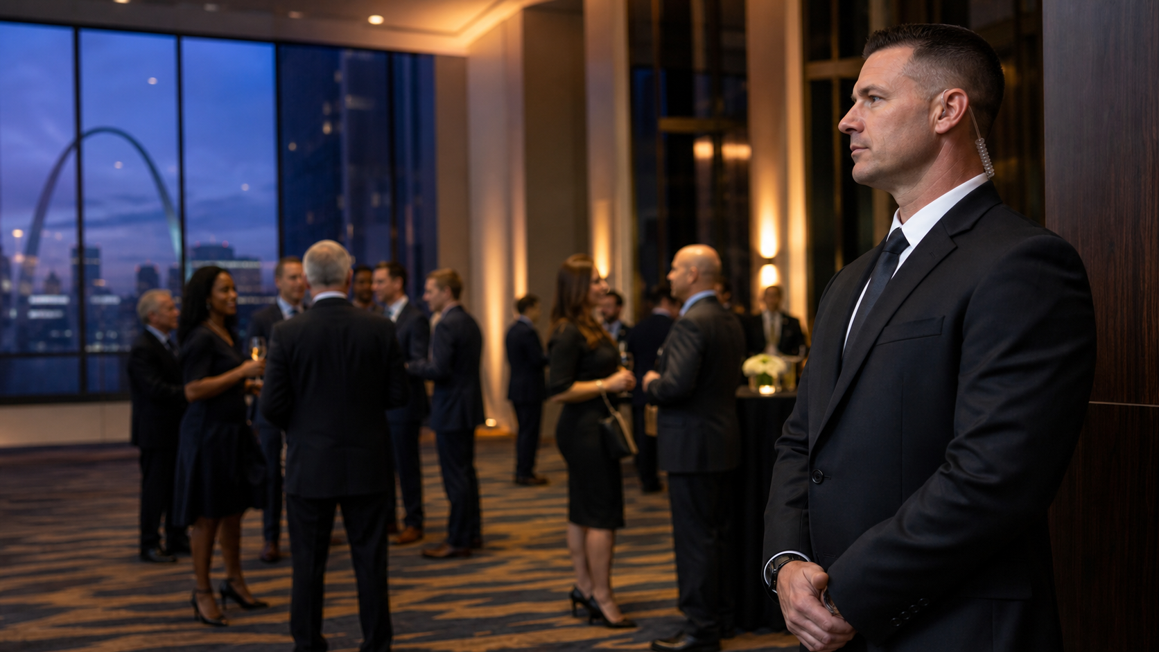Discreet executive protection agent providing security at an upscale corporate event with business leaders and guests