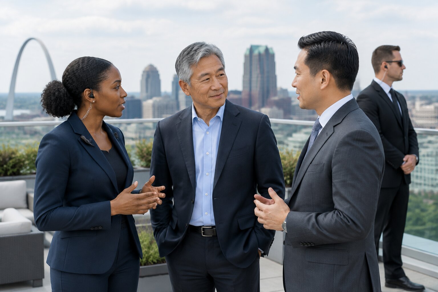 Business executives converse with a security professional on a St. Louis rooftop while a protection agent monitors the surroundings