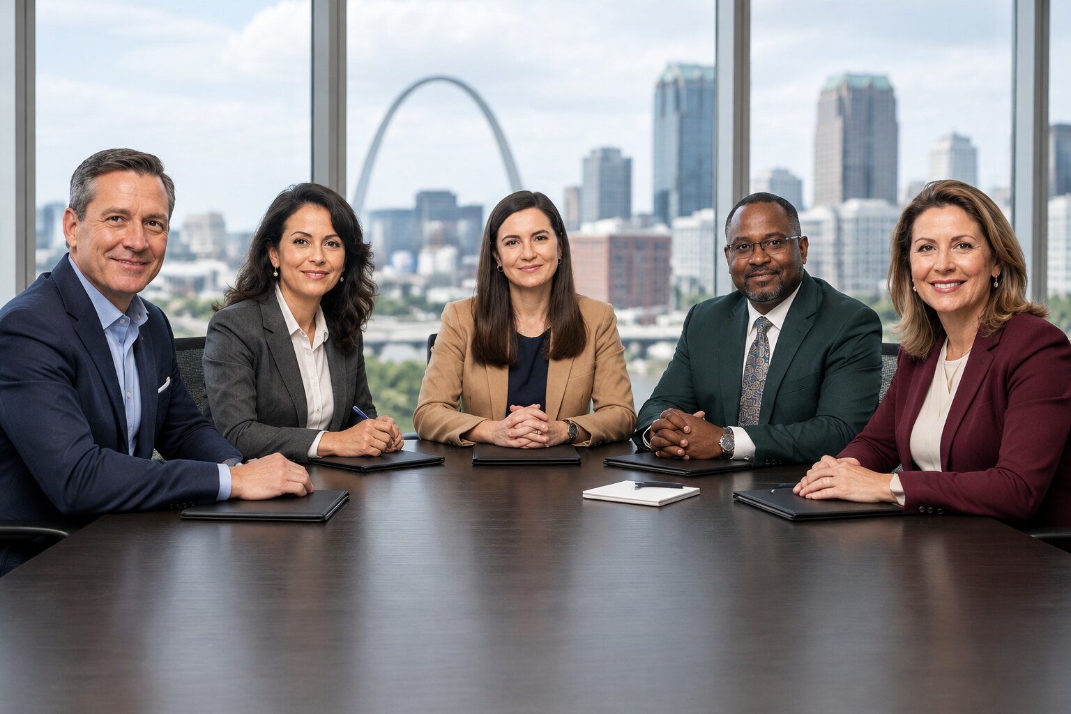 Five corporate professionals seated around a conference table in St. Louis, illustrating executive vetting and C-suite due diligence in Missouri