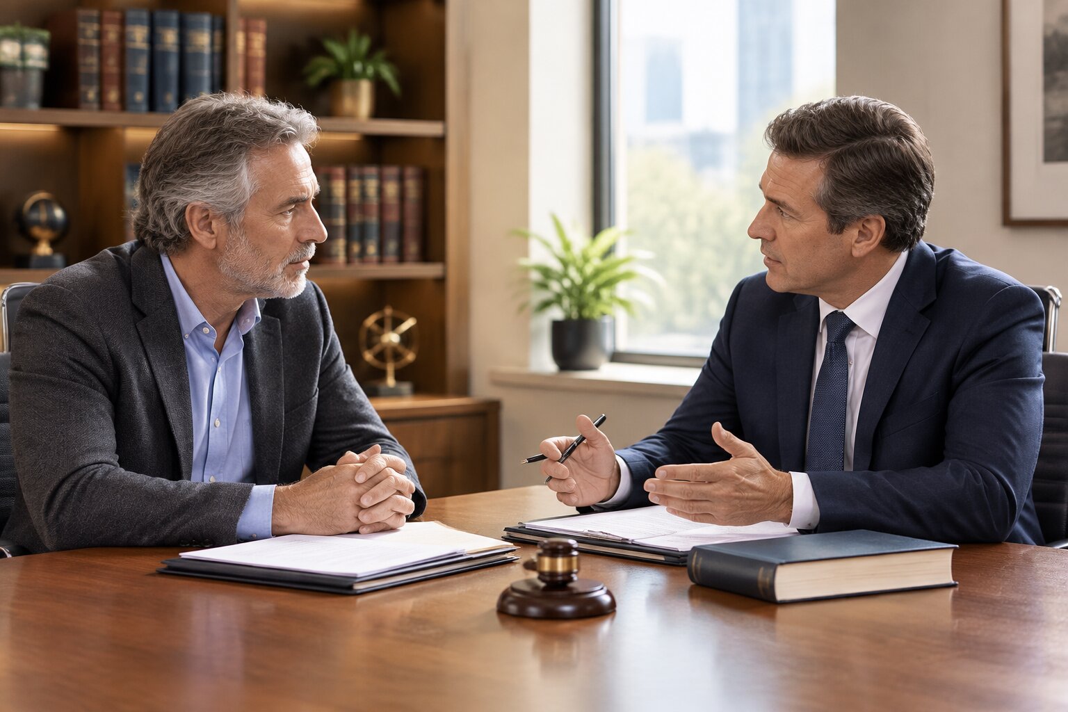 International Asset Tracing Two professionals discuss documents across a desk with a wooden gavel and law book, illustrating legal consultation for international asset tracing and judgment enforcement