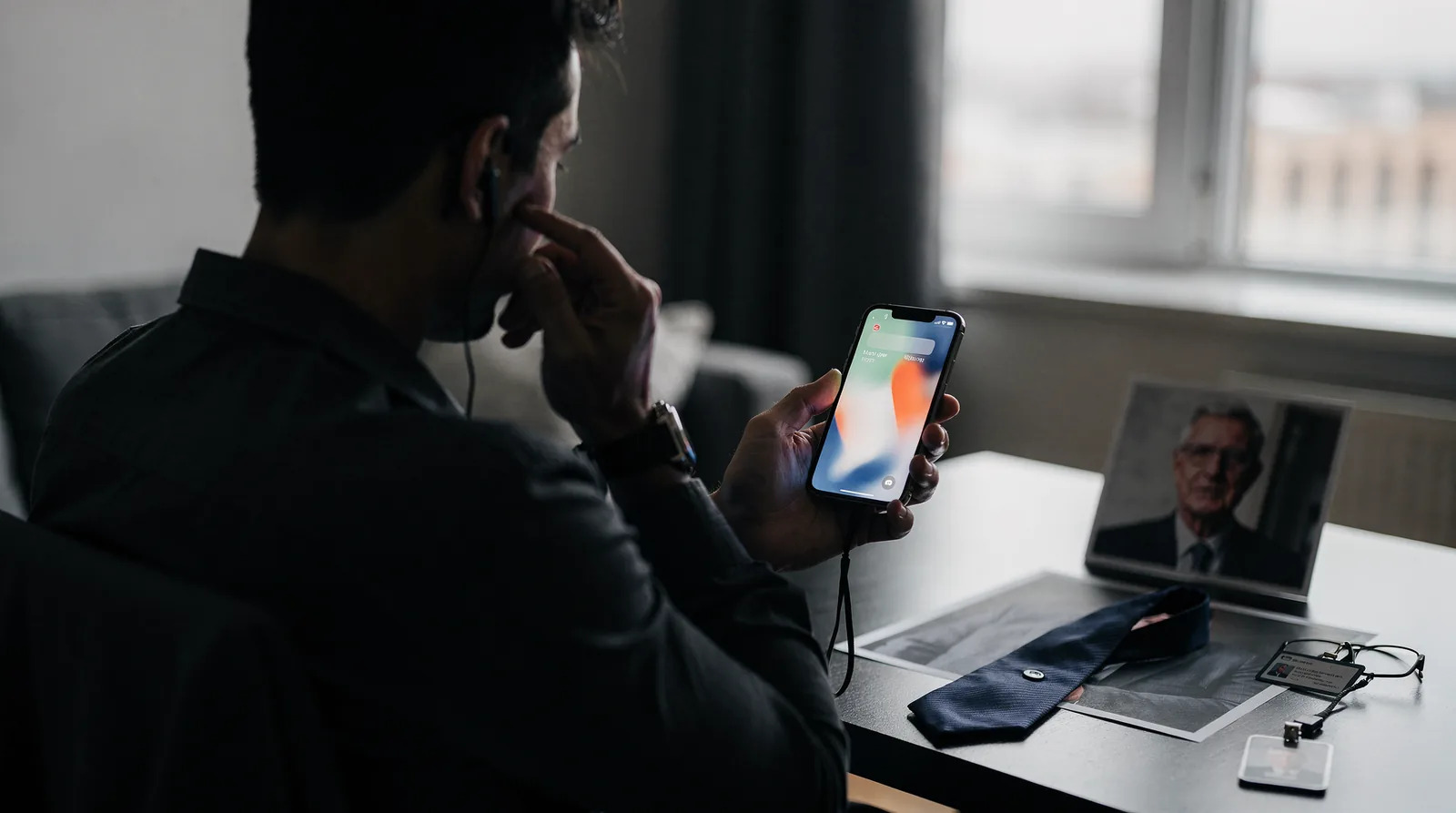 Person using a phone beside a laptop displaying a video call