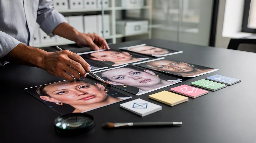 Person reviewing photographs and documents at a desk