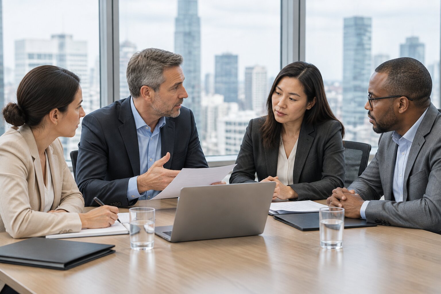 Business advisors review documents in a conference room, illustrating international due diligence for foreign counterparties and global mergers and acquisitions