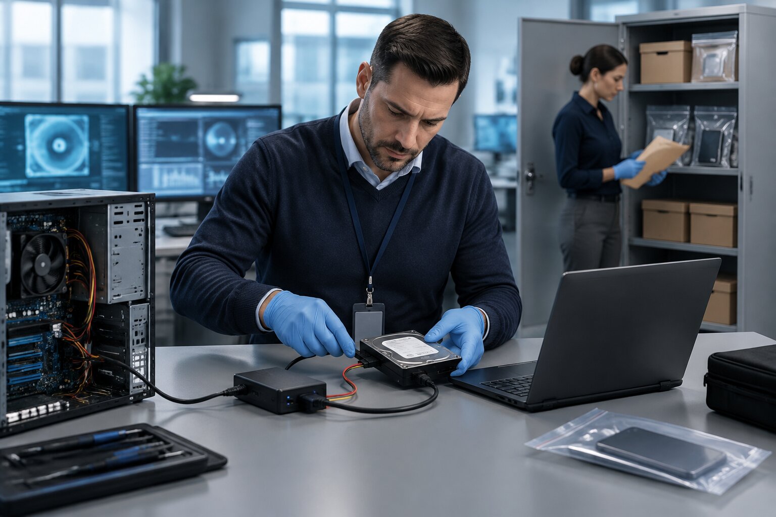 Digital forensic examiner analyzes a computer hard drive at a secure workstation while a colleague reviews evidence in a corporate data theft investigation.